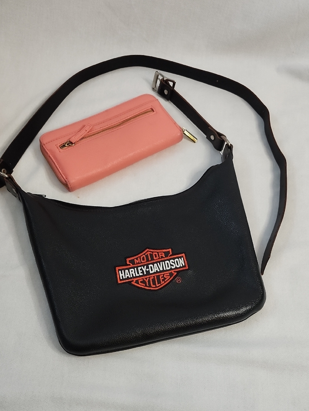 Harley-Davidson Genuine Leather Black Shoulder Bag with Peach Wallet